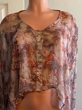 Millau Sheer Floral Button-Front Cropped Blouse - Rose Brown Multi